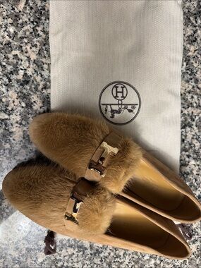 Hermes Camel Fur-Trim Loafers with Gold H Accent